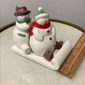 Hallmark Snowman Holiday salt and pepper figurine with red and green accents